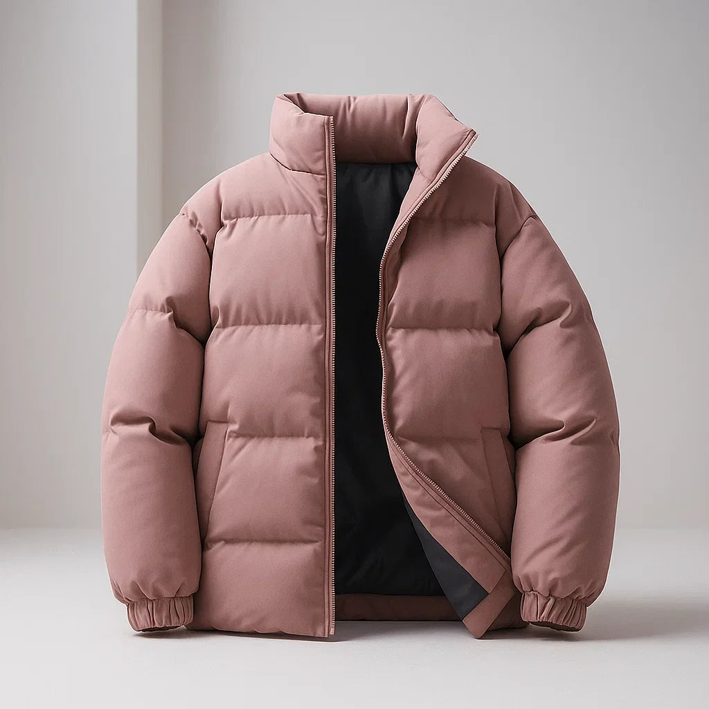 Pink puffer jacket on a light gray background
