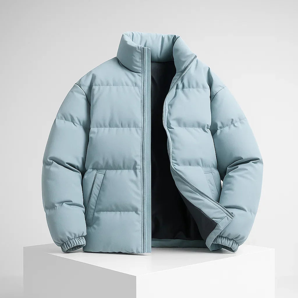 Light blue puffer jacket on a white background