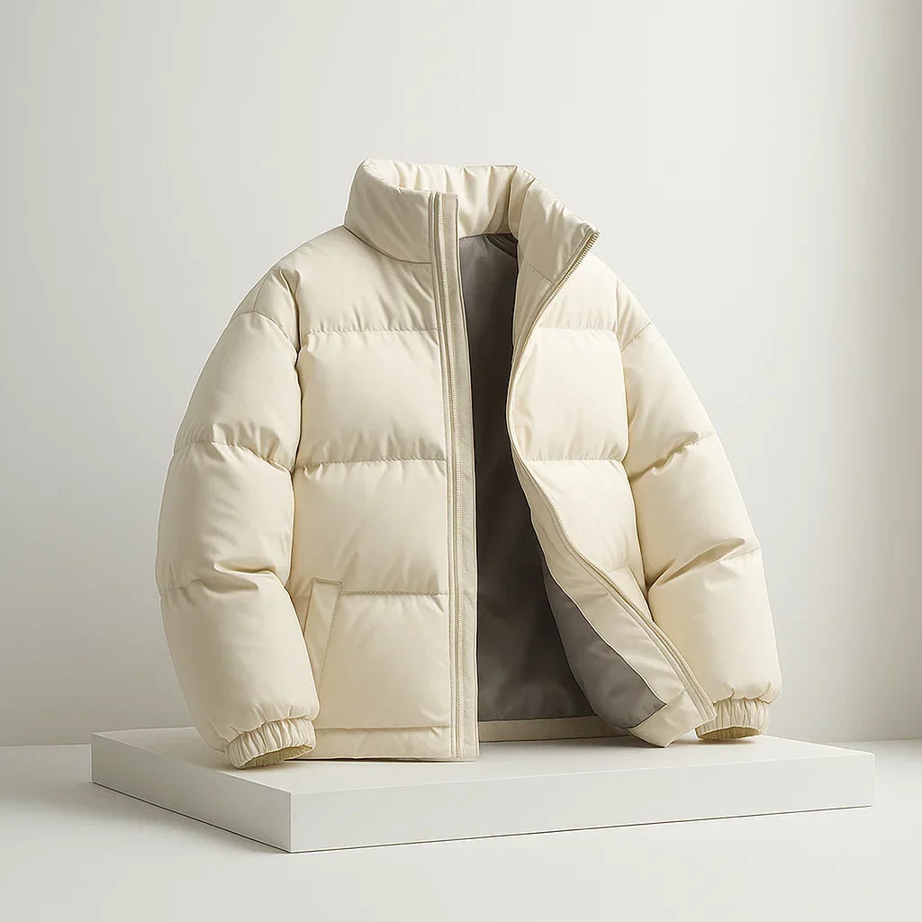 Beige puffer jacket on a white platform with a light gray background