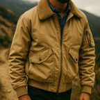 Person wearing a tan jacket with a mountainous background