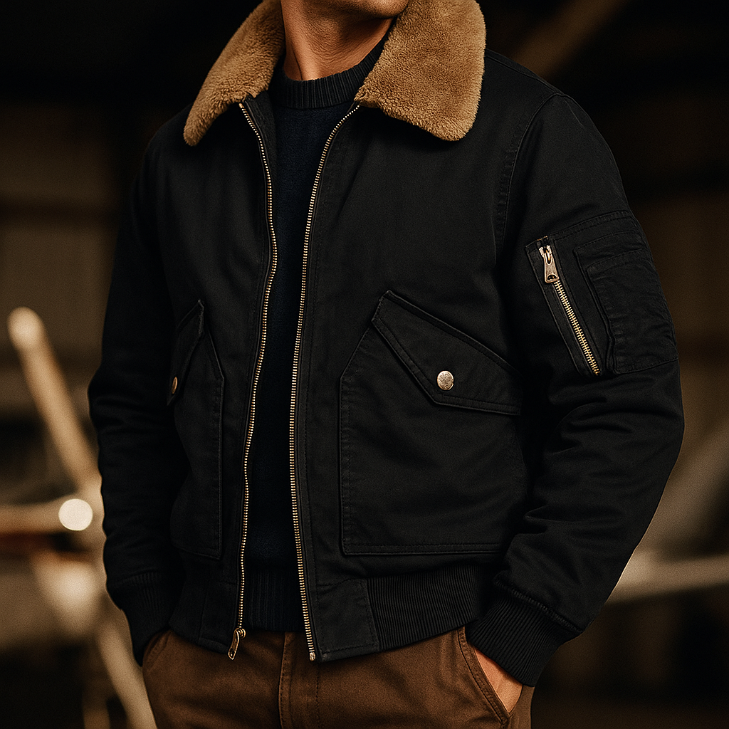 Black jacket with brown fur collar worn by a person, blurred background