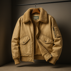 Brown jacket with a fur collar on a hanger against a dark background