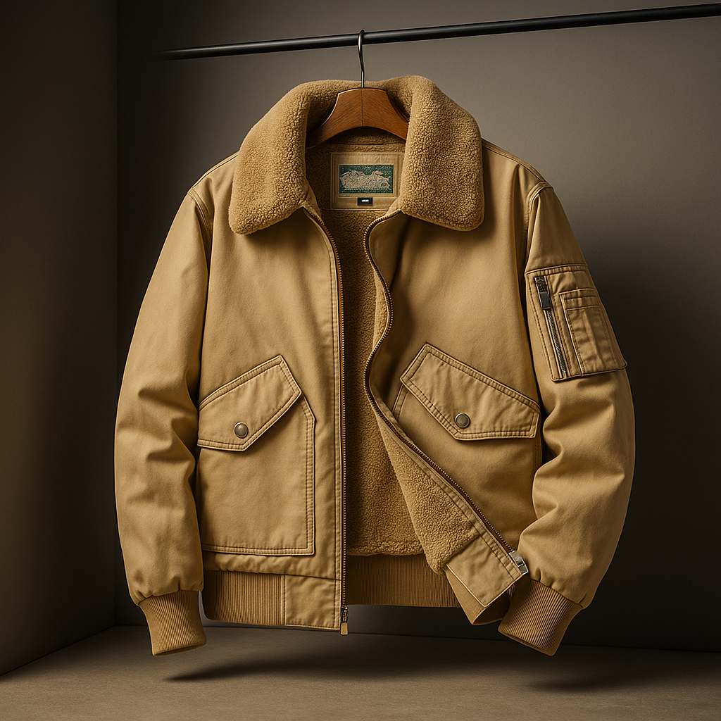 Brown jacket with a fur collar on a hanger against a dark background