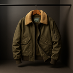 Green jacket with brown collar on a hanger against a dark background