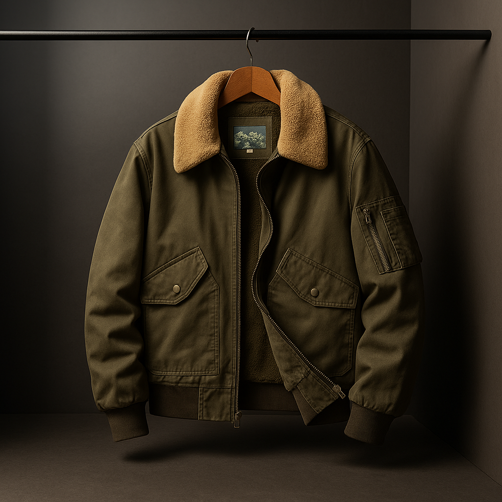 Green jacket with brown collar on a hanger against a dark background