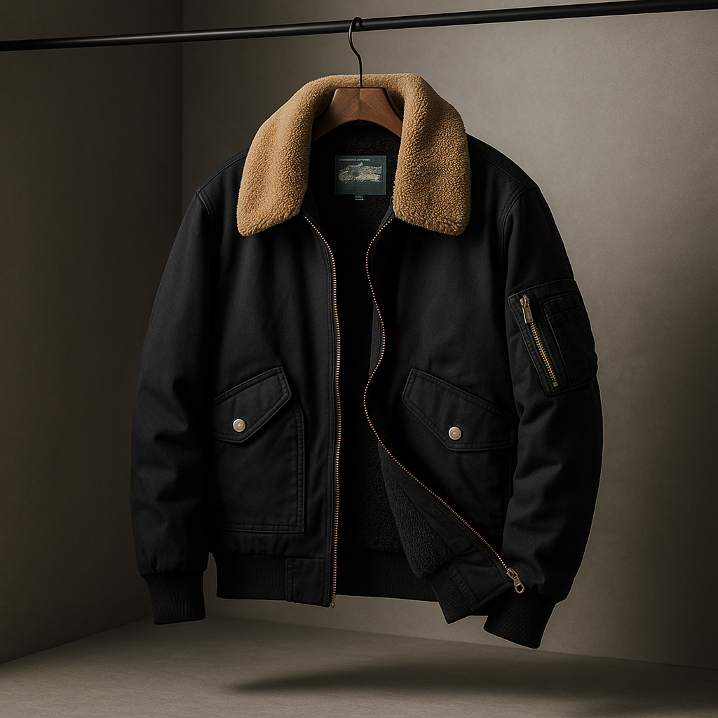 Black jacket with beige fur collar on a hanger against a gray background