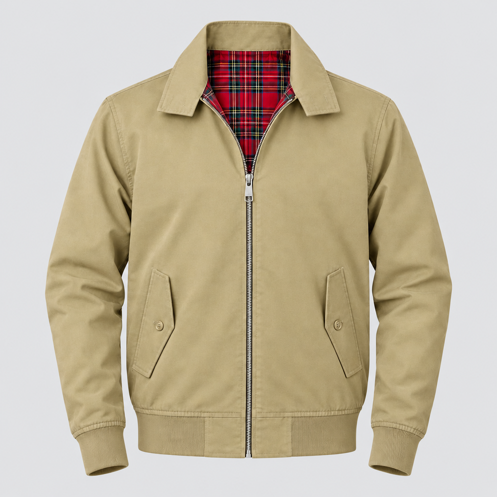 A beige zip-up jacket with a red and black plaid lining, featuring a collar, front zipper, buttoned flap pockets, and a red hanging zipper pull with white text.