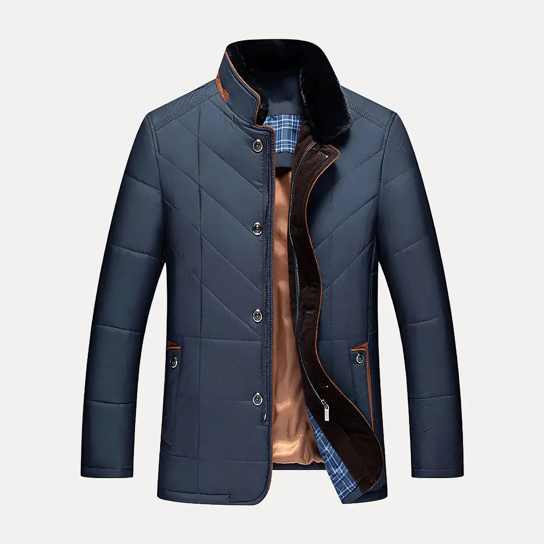 Blue quilted jacket with plaid lining on a light gray background