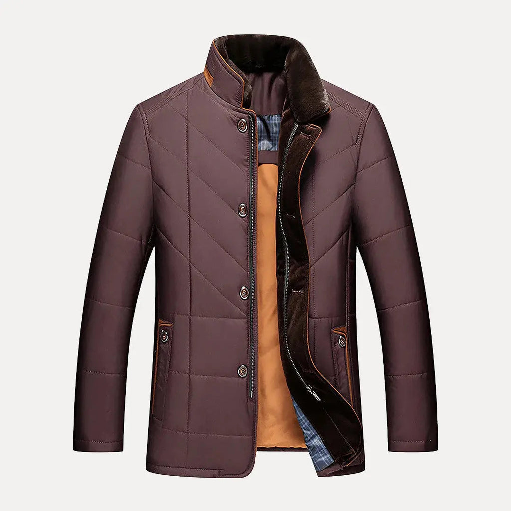Brown quilted jacket with fur collar on a light gray background