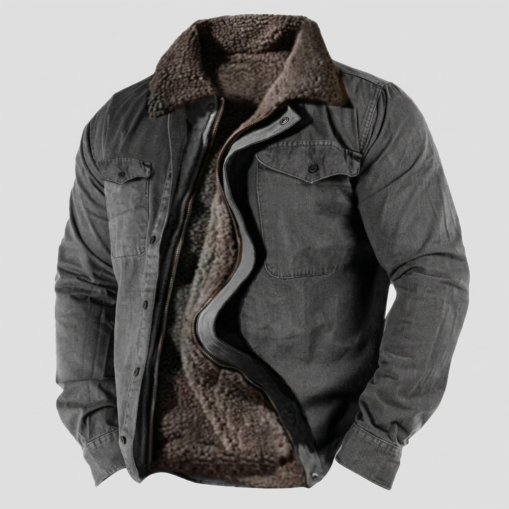 Gray jacket with brown sherpa lining on a white background