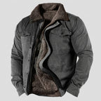 Gray jacket with brown sherpa lining on a white background