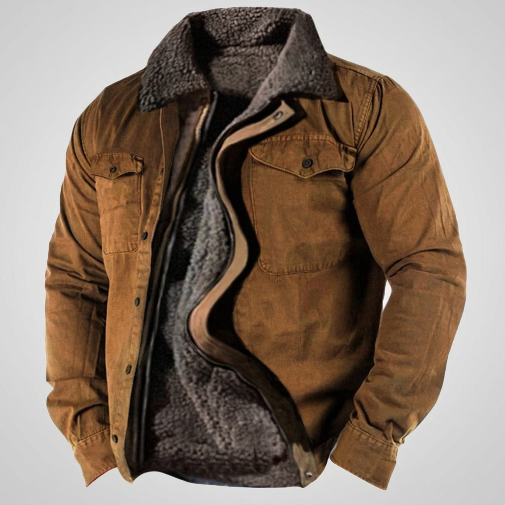 Brown jacket with gray fleece lining on a white background