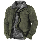Green jacket with gray fleece lining on a white background