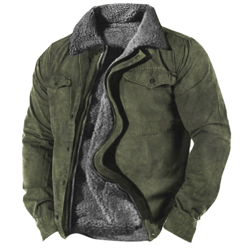 Green jacket with gray fleece lining on a white background
