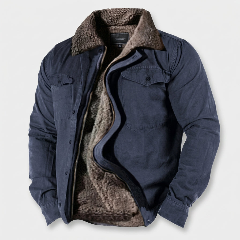 Blue jacket with brown sherpa lining on a white background