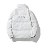 White corduroy puffer jacket with brand logo on a white background