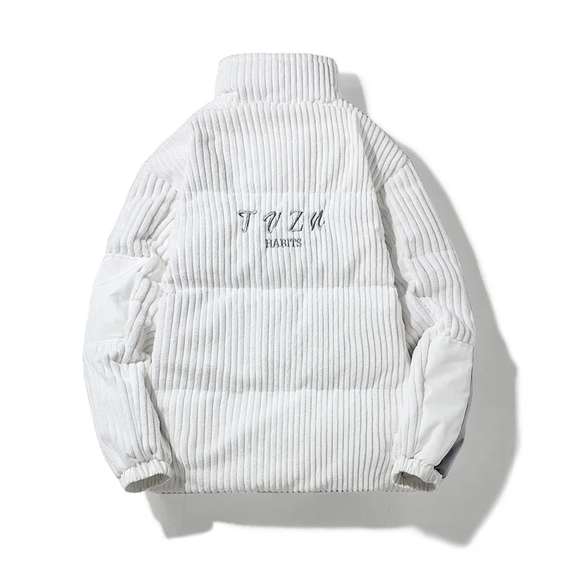 White corduroy puffer jacket with brand logo on a white background