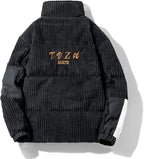 Black corduroy jacket with 'TUZA' branding on a white background