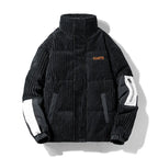 Black corduroy jacket with white accents on a white background