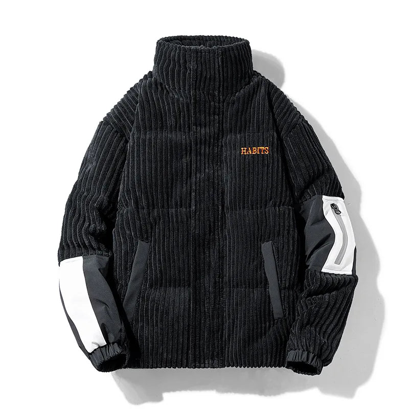 Black corduroy jacket with white accents on a white background