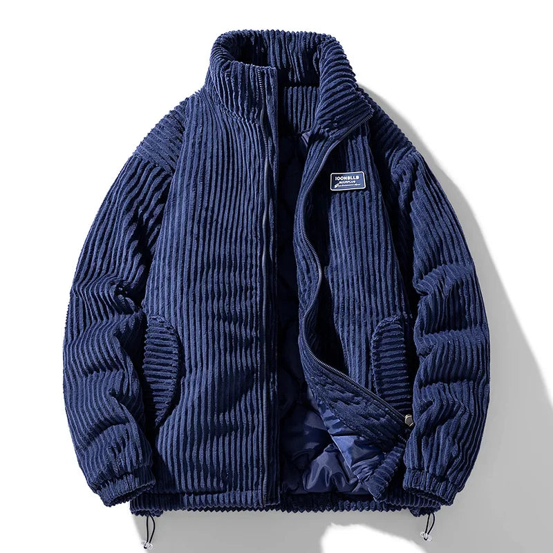Blue corduroy jacket on a white background