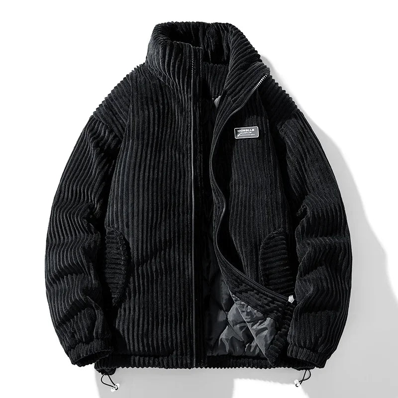 Black corduroy jacket with a brand logo on a white background