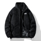 Black corduroy jacket with a brand logo on a white background