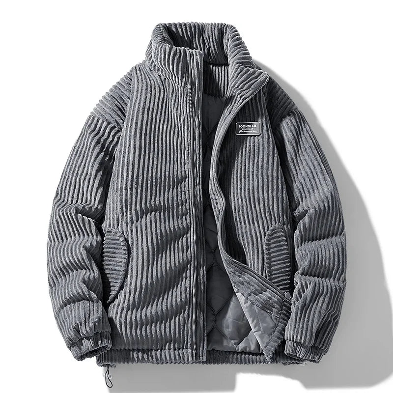 Gray corduroy jacket with a brand label on a white background