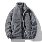 Gray corduroy jacket with a brand label on a white background