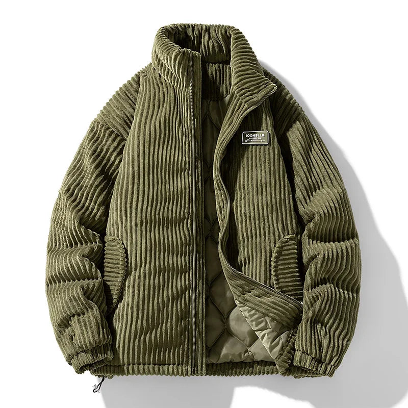 Green corduroy jacket with a brand label on a white background
