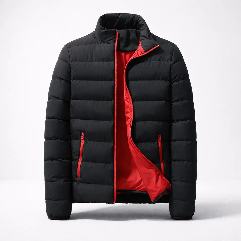 A black puffer jacket with a bright red interior lining and red zipper accents, displayed on a clean white studio background.