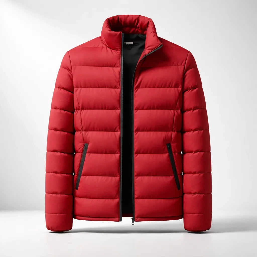 A red puffer jacket with a high stand-up collar, black front zipper, and black zipper pocket trim, shown against a light gray studio background.