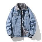 Denim jacket with gray fur lining on a white background