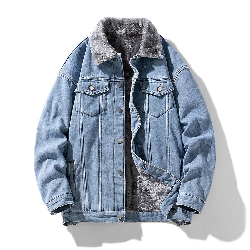 Denim jacket with gray fur lining on a white background