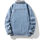 Blue denim jacket with gray fur lining on a white background