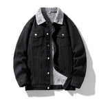 Black denim jacket with gray fleece lining on a white background