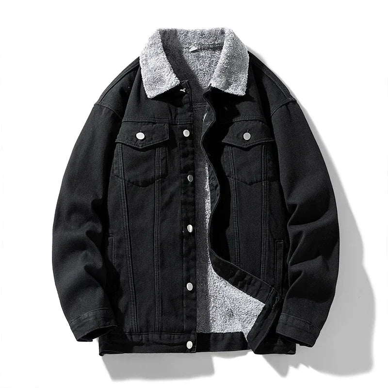Black denim jacket with gray fleece lining on a white background
