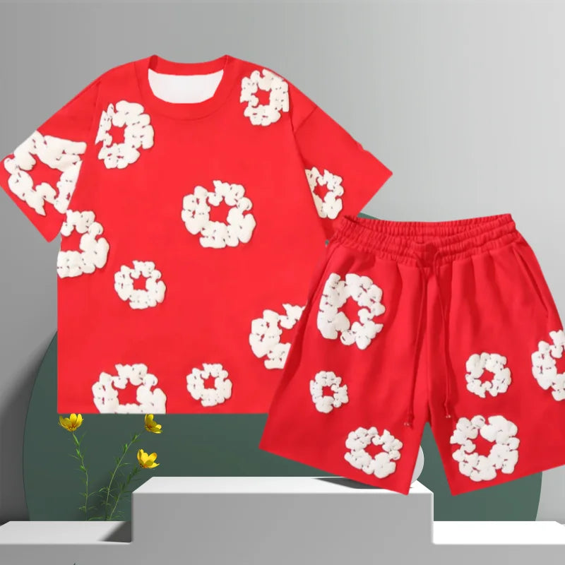 Men’s 3D Flower Print Denim Shorts Set