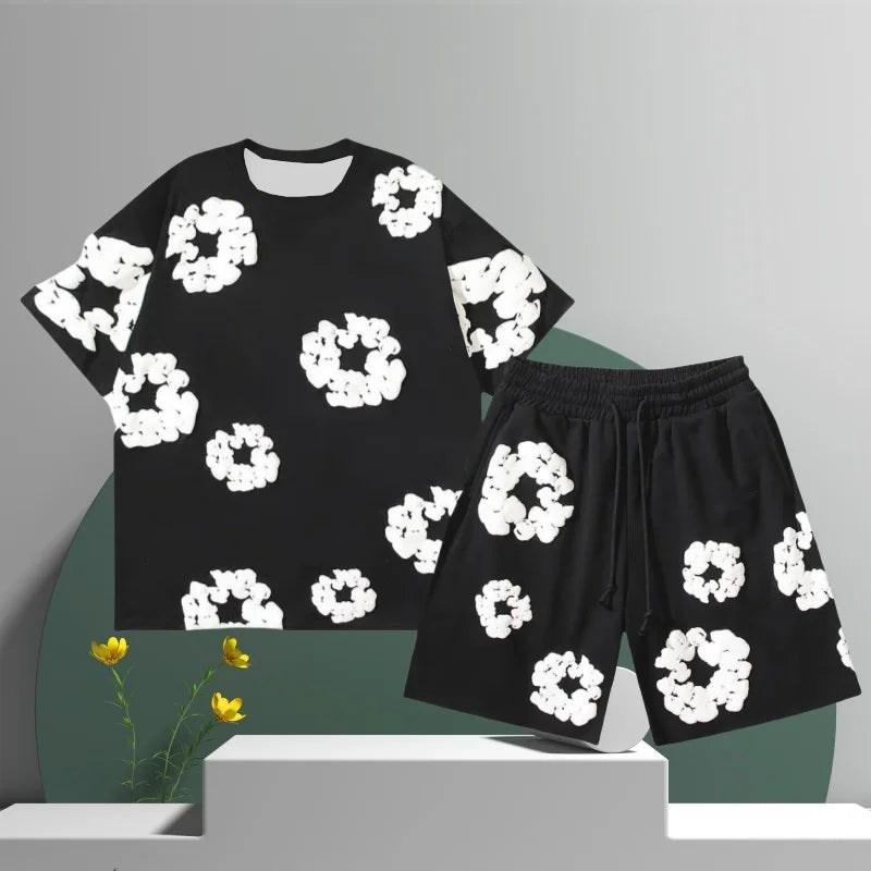 Men’s 3D Flower Print Denim Shorts Set