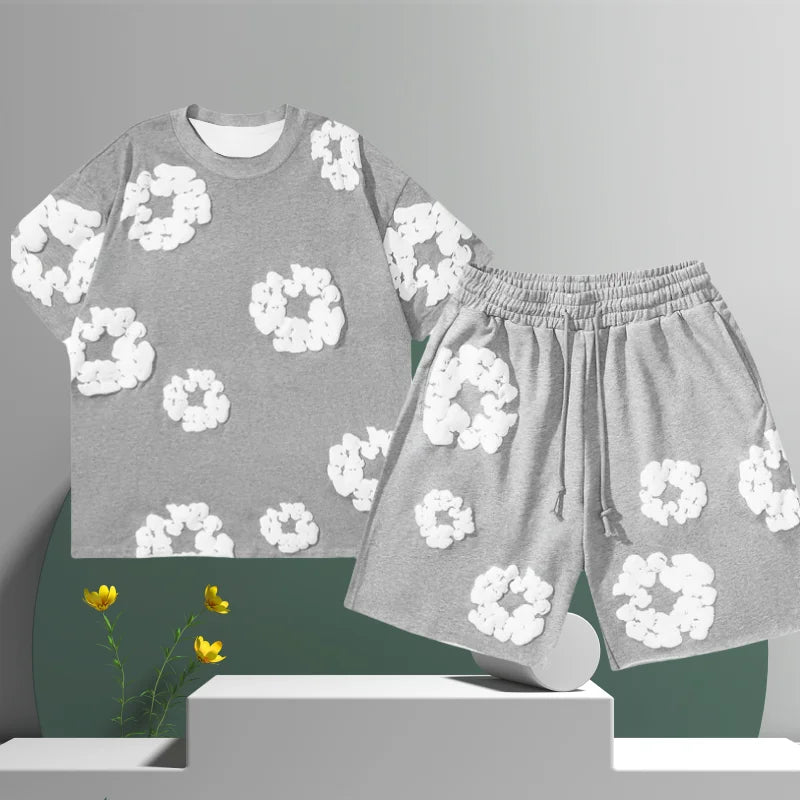 Men’s 3D Flower Print Denim Shorts Set