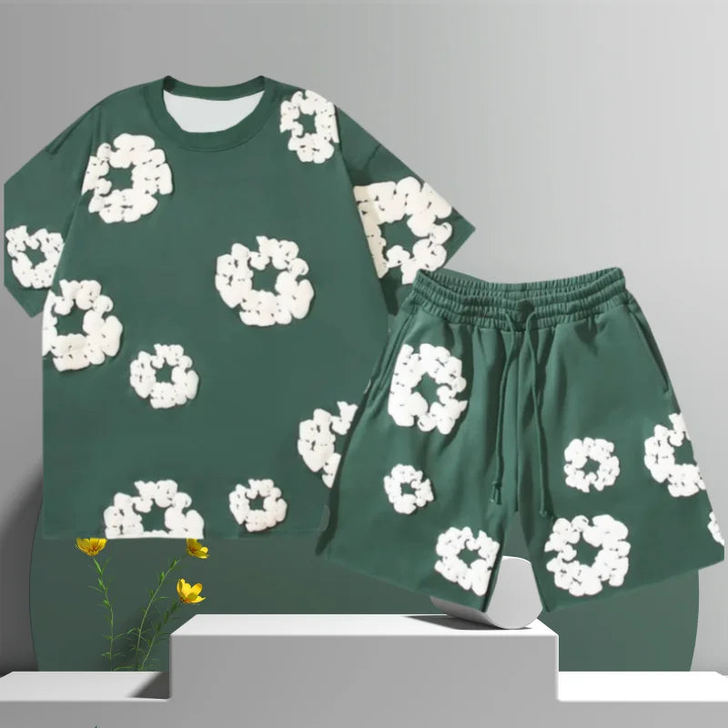 Men’s 3D Flower Print Denim Shorts Set