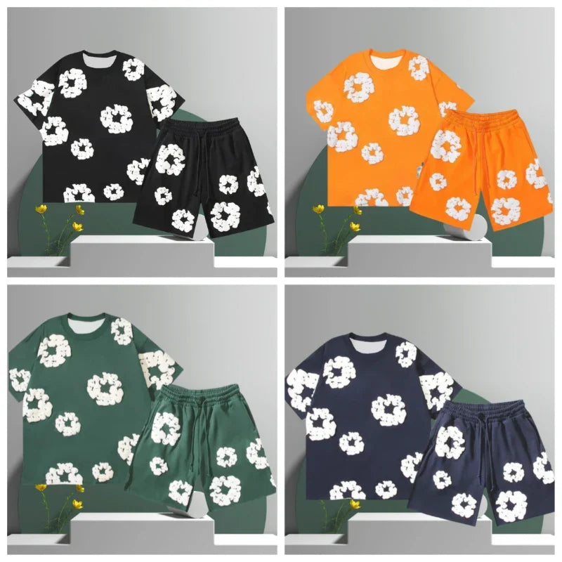 Men’s 3D Flower Print Denim Shorts Set