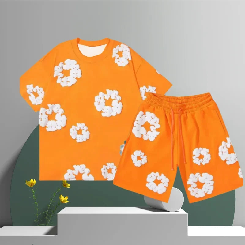 Men’s 3D Flower Print Denim Shorts Set