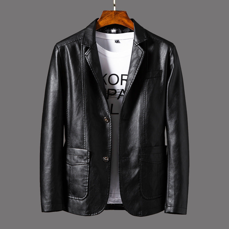 Black leather jacket on a hanger against a gray background