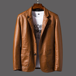 Brown leather jacket on a hanger with a gray background