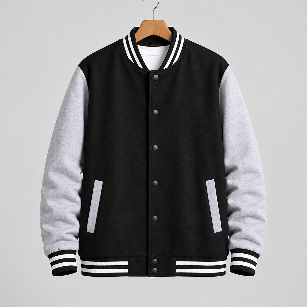 Black and gray varsity jacket on a hanger against a tiled wall.