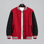 A red and black varsity-style jacket with white and black striped ribbed collar, cuffs, and hem, displayed on a hanger against a solid gray background.