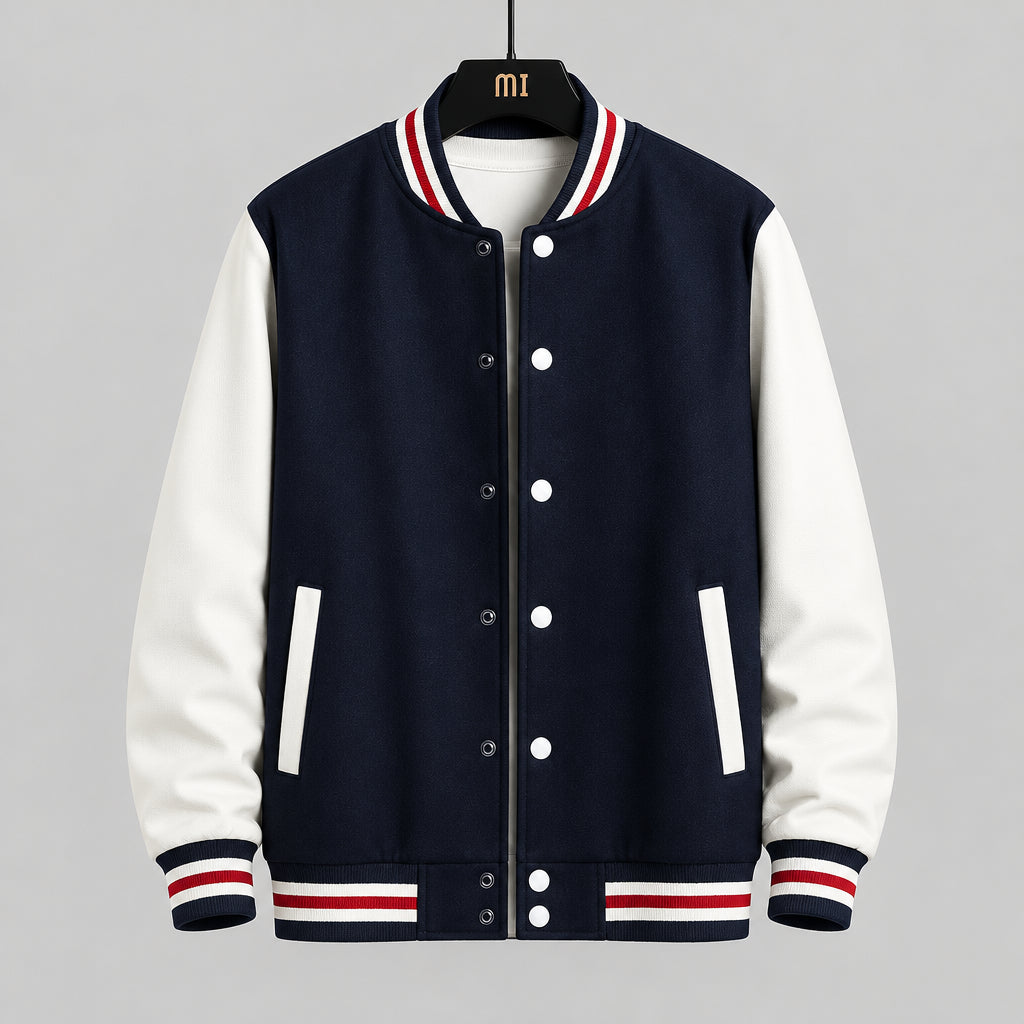 Navy and white varsity jacket with red and white accents on a hanger against a tiled wall.