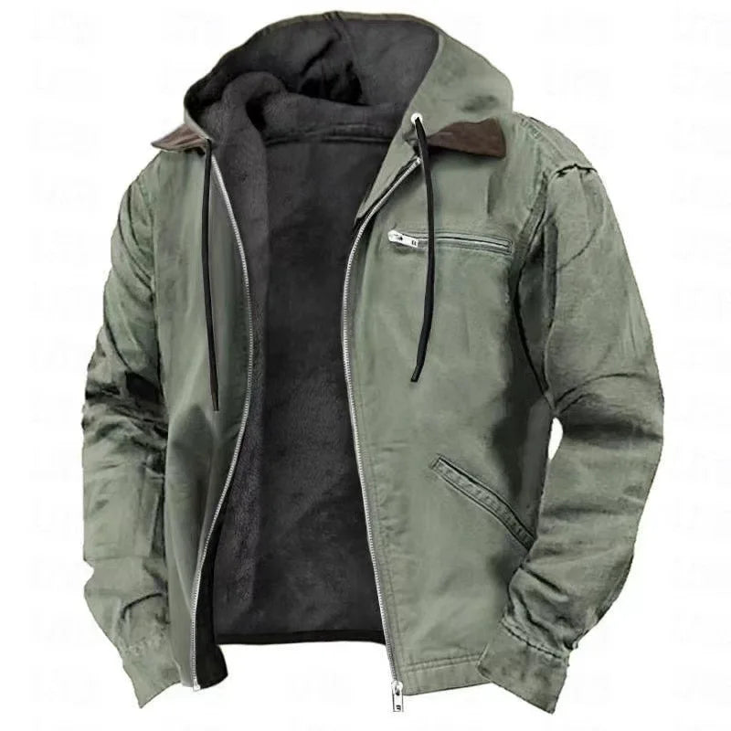 Green jacket with a hood on a white background