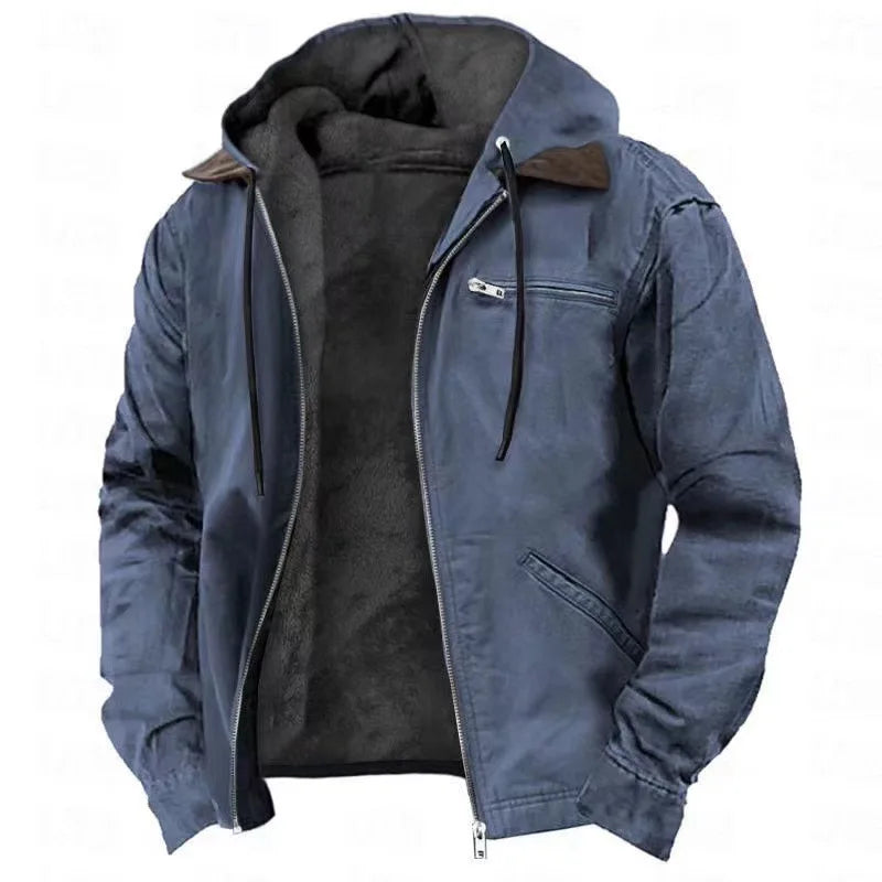 Blue jacket with a hood on a white background